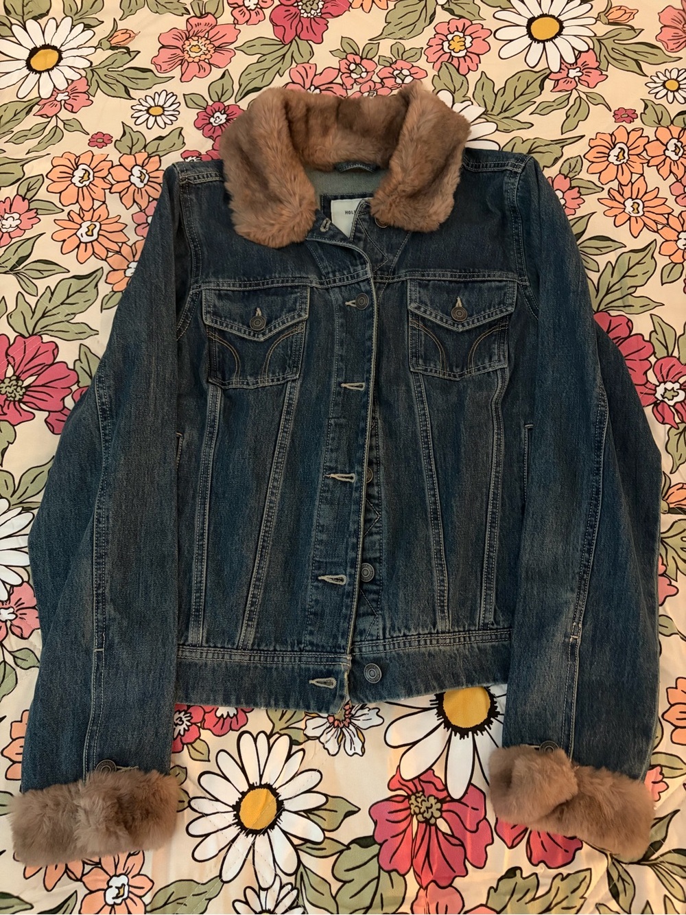 Hollister Denim Jacket with Faux Fur Collar and Cuffs - Blue